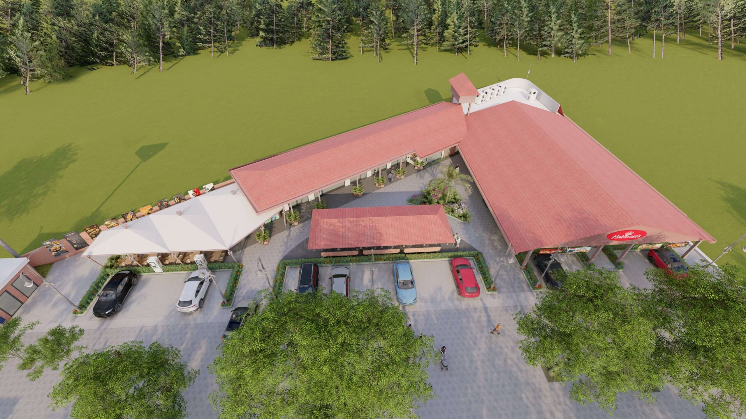 The full food court in aerial view