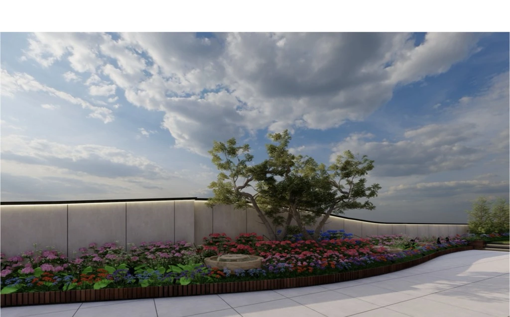 Planted terrace border beneath an open sky, Greater Kailash rooftop garden