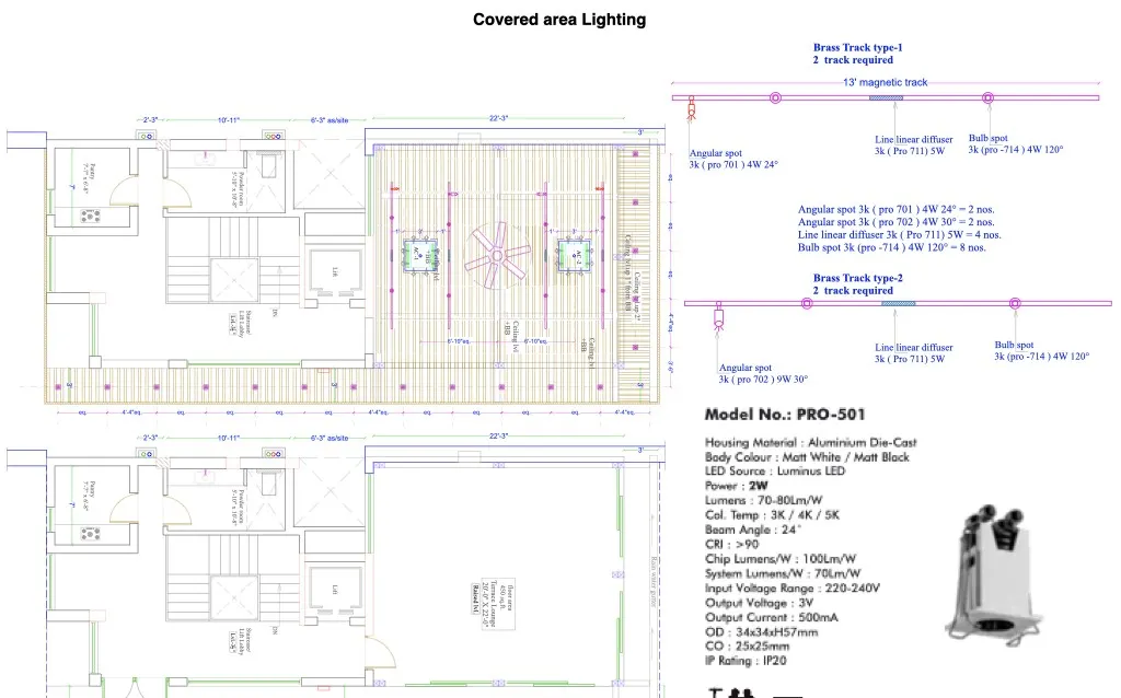 Covered area lighting plan drawing, Greater Kailash terrace