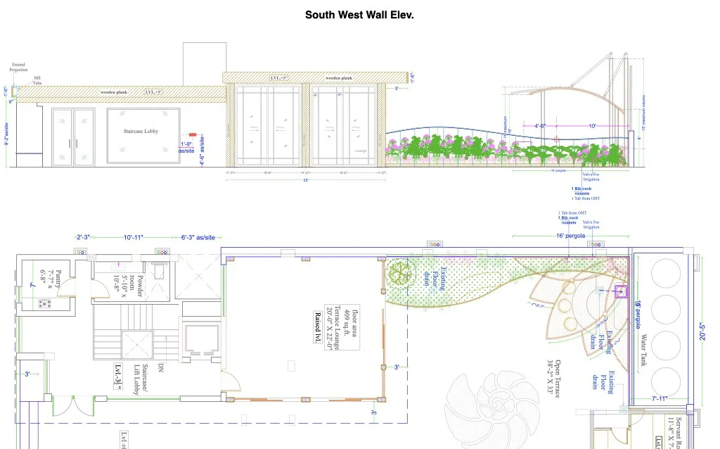 South-west wall elevation drawing, Greater Kailash terrace