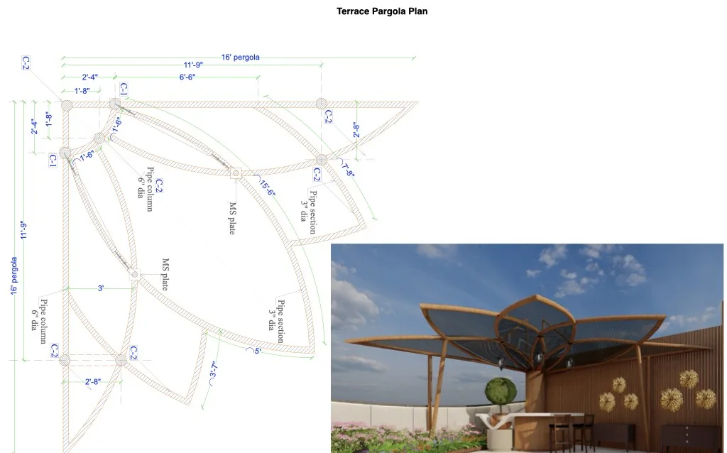 Terrace pergola structural plan and render, Greater Kailash