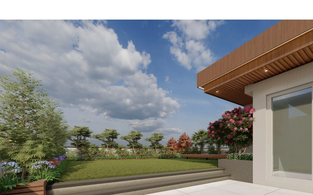 Open lawn terrace with perimeter planting, Greater Kailash