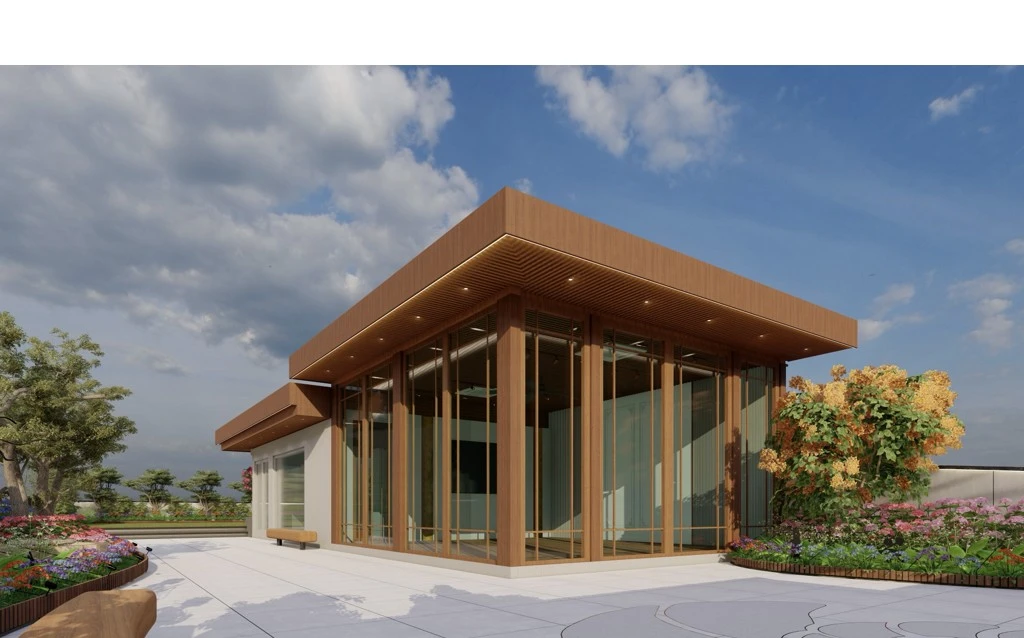 Timber-clad glass garden pavilion on the terrace, Greater Kailash