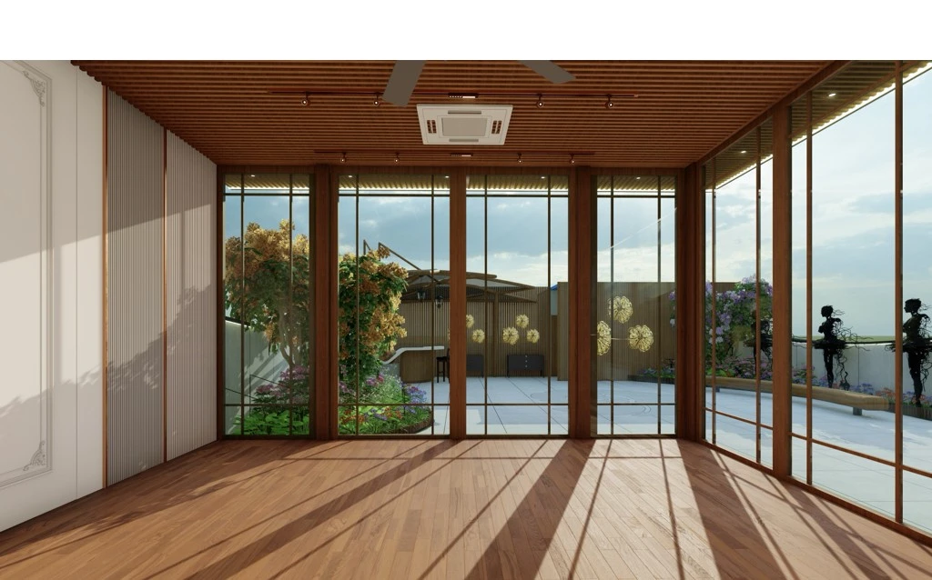 View from inside the terrace pavilion looking out to the garden and sculpture, Greater Kailash