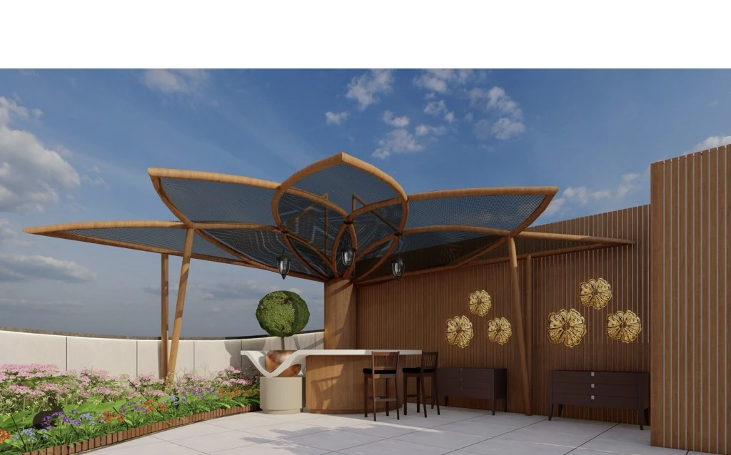 Sculptural timber pergola bar structure on the terrace, Greater Kailash
