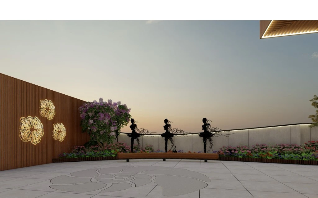 Terrace garden at dusk with silhouette sculptures along the boundary wall, Greater Kailash