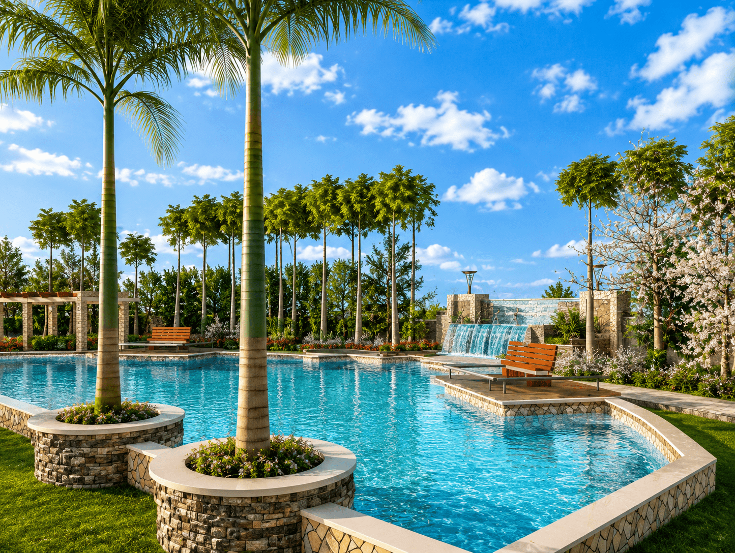Wide view of the central fountain and courtyard at Adroid Farms.