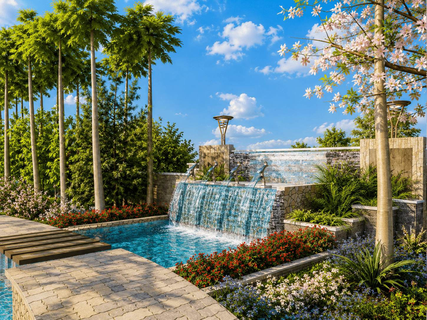 Close-up of the architectural fountain feature.