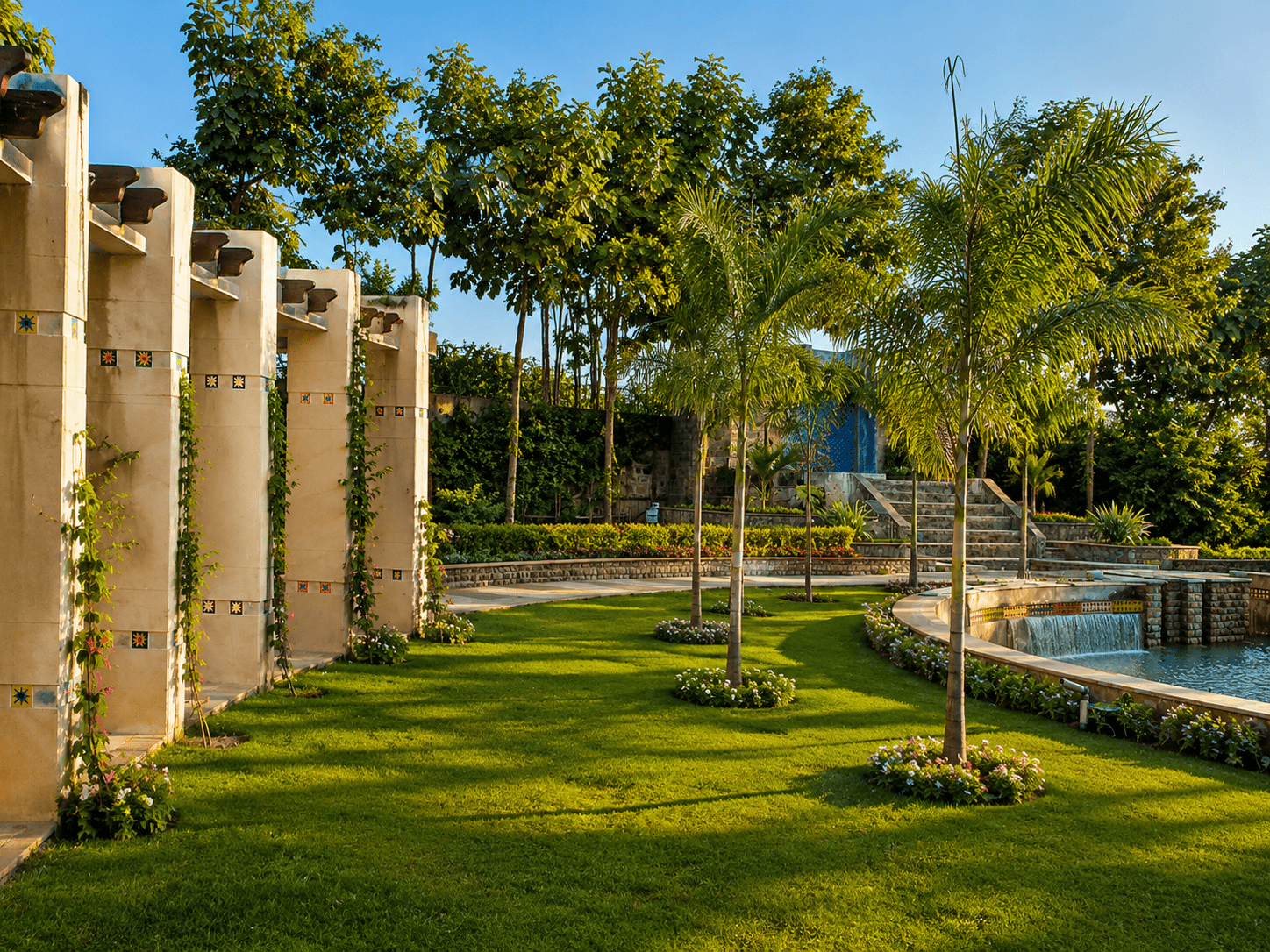 Lush landscaping framing the estate's architecture.