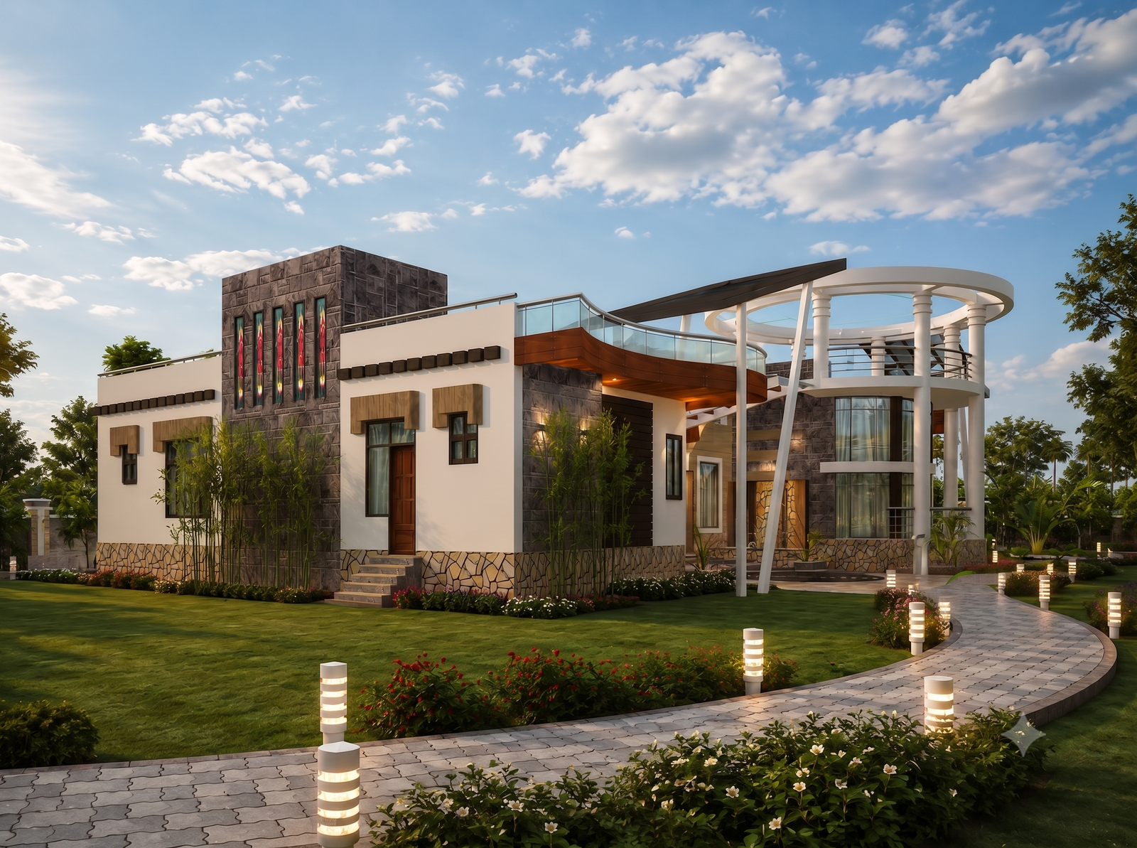 Structured Pathways to the Entrance at Adroid Farms.