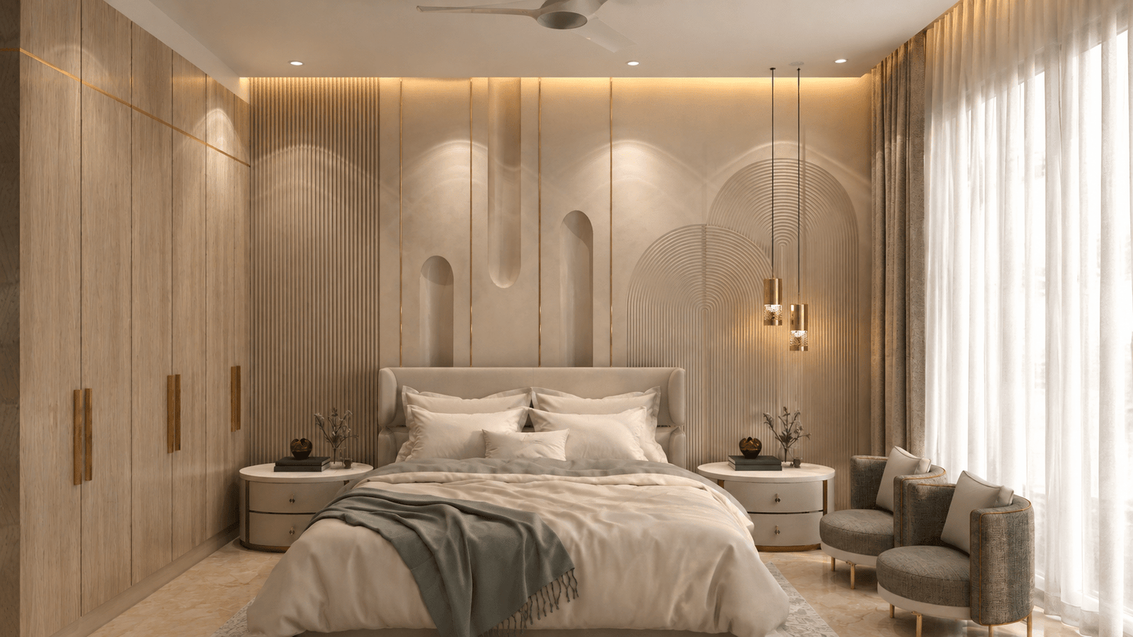 Bedroom 1 — sculpted plaster arch head wall with gold inlay, Annapurna Residence