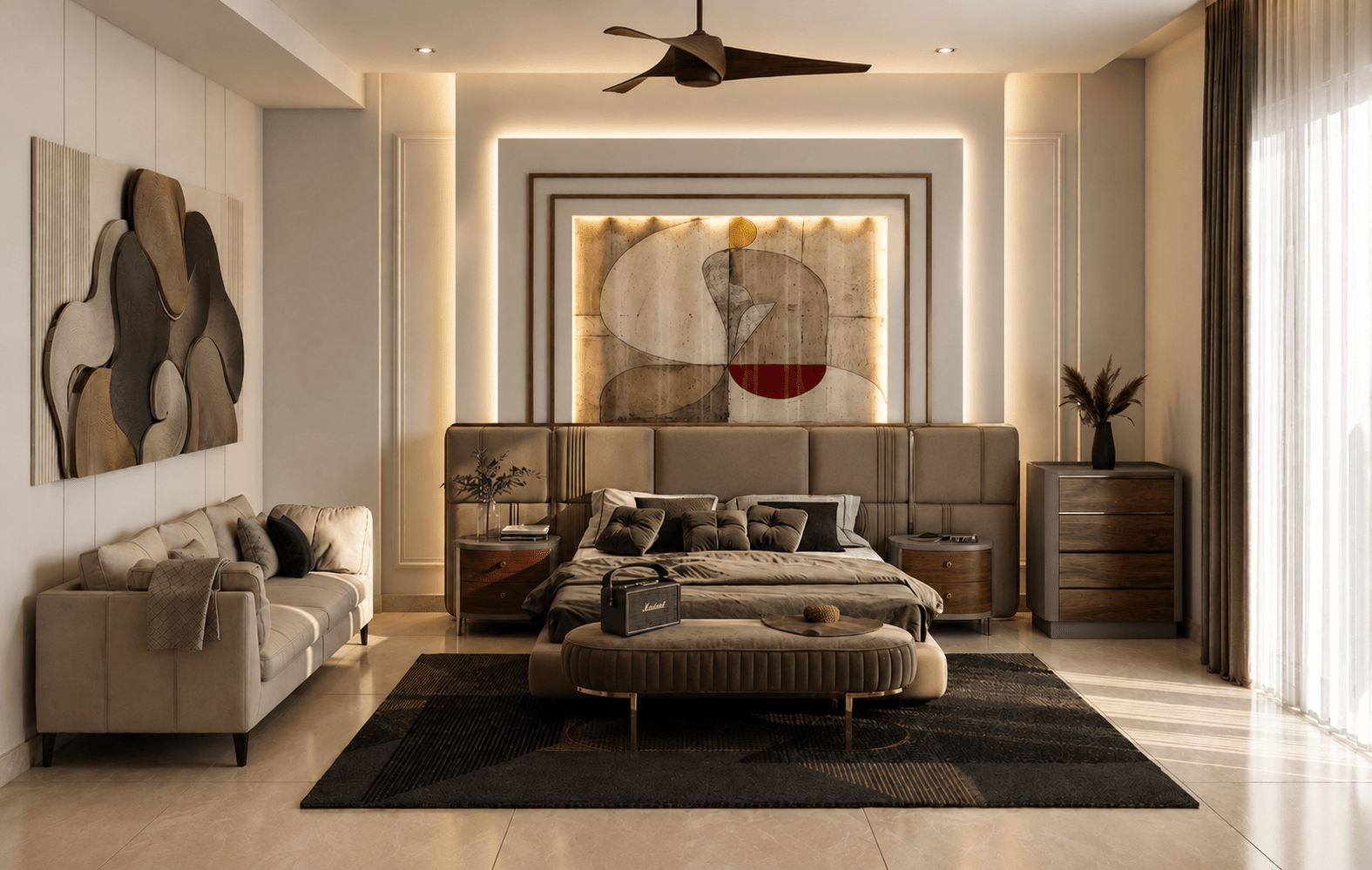 Bedroom 2 — leather headboard with commissioned artwork above, Annapurna Residence