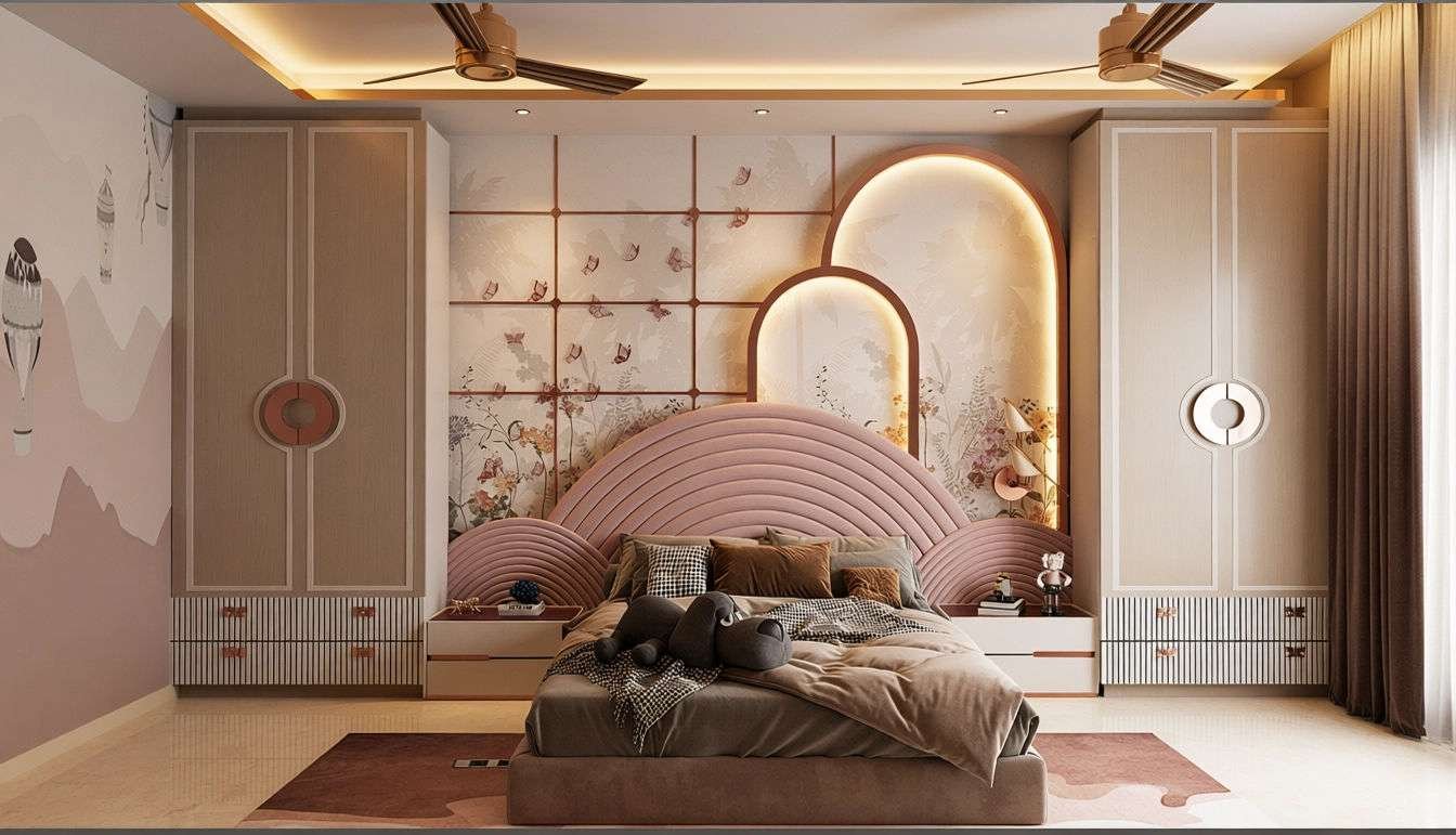 Daughter's room — rainbow arch headboard with botanical wallpaper, Annapurna Residence