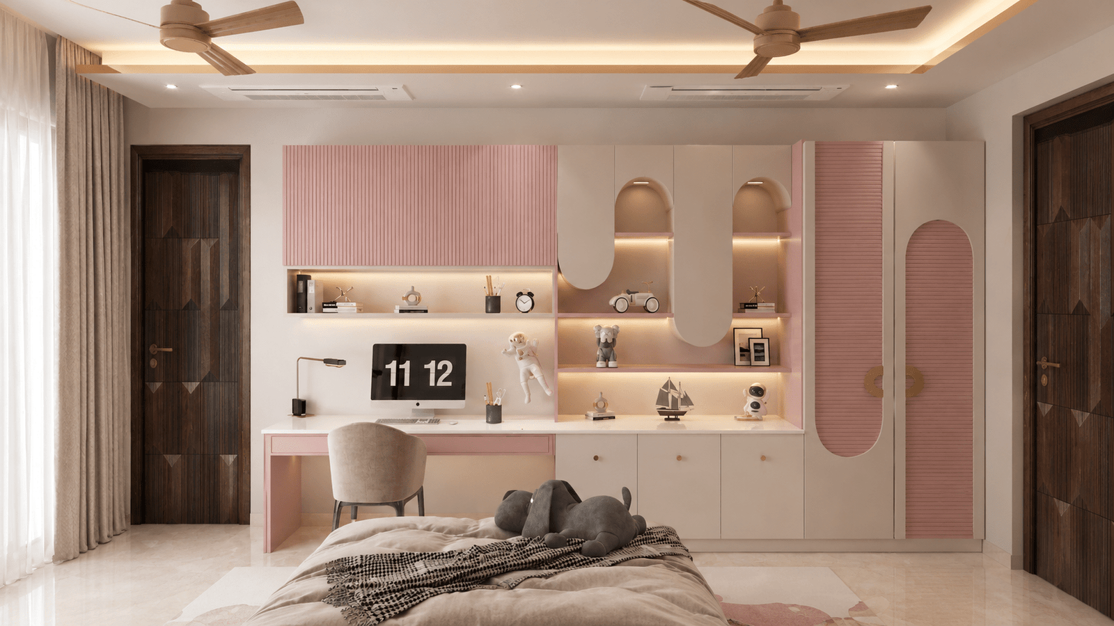 Daughter's room — study and wardrobe wall with pink fluted joinery, Annapurna Residence