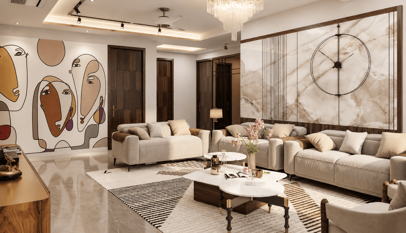 Family lounge — onyx slab feature wall with circle clock, Annapurna Residence
