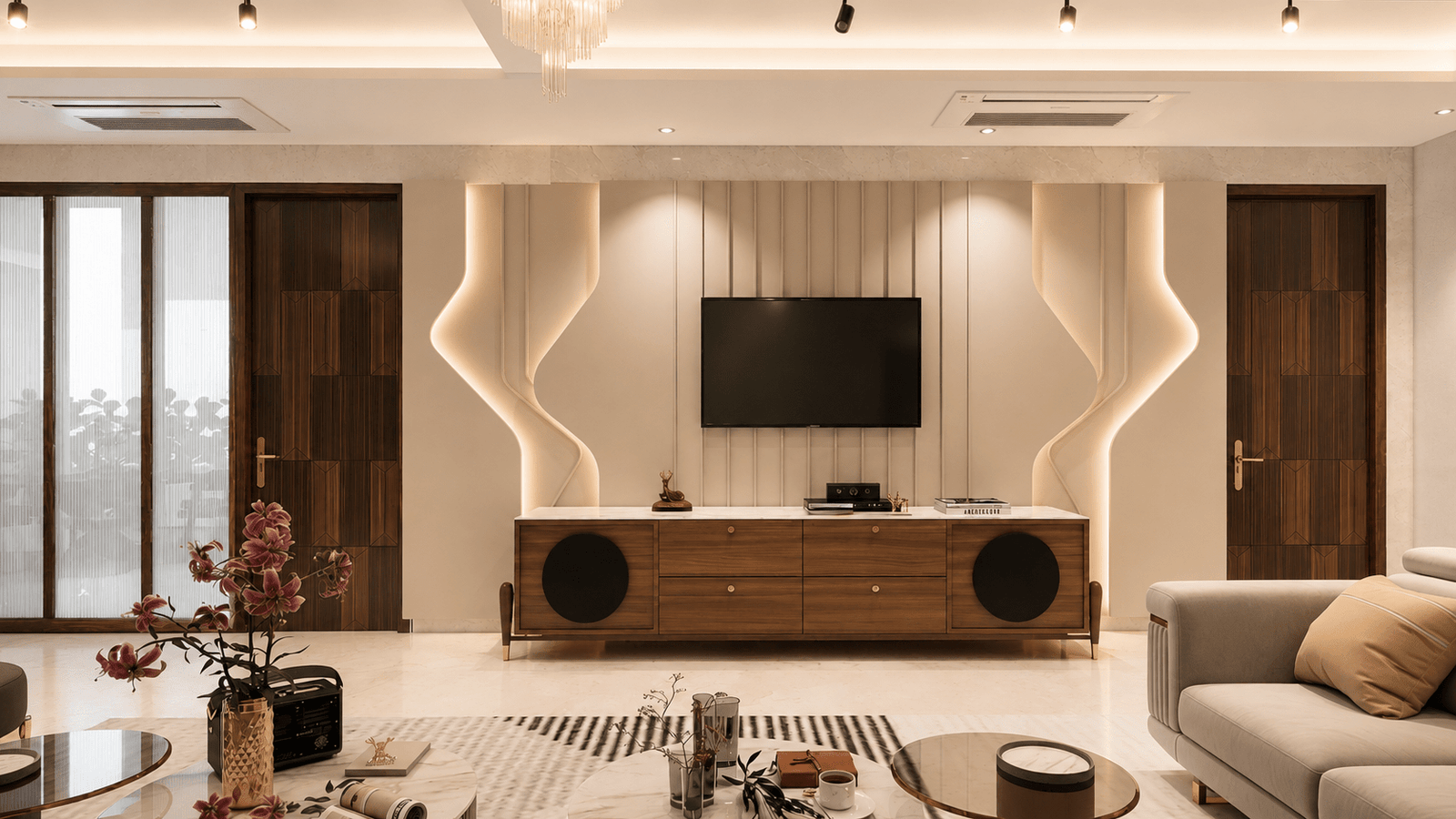 Family lounge — TV and reed-panel wall, Annapurna Residence