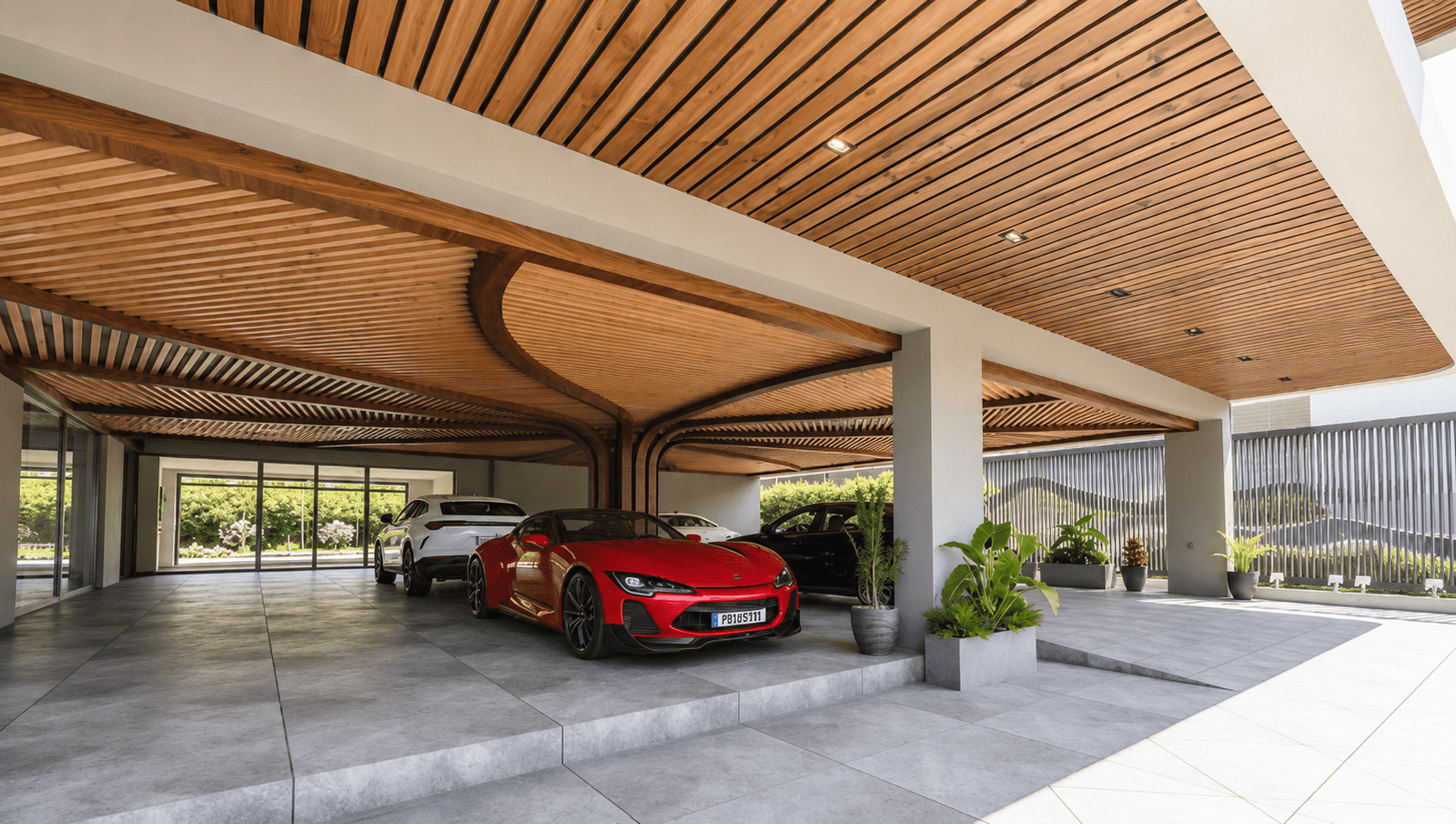 Covered parking — sculptural timber-slat ceiling, Annapurna Residence