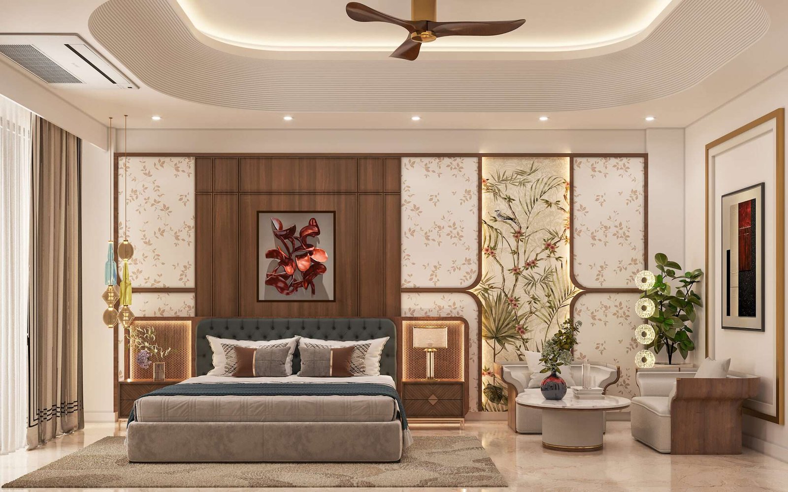 First bedroom at Anubhuti — tufted teal headboard against walnut panelling, botanical and bird mural climbing the adjacent wall