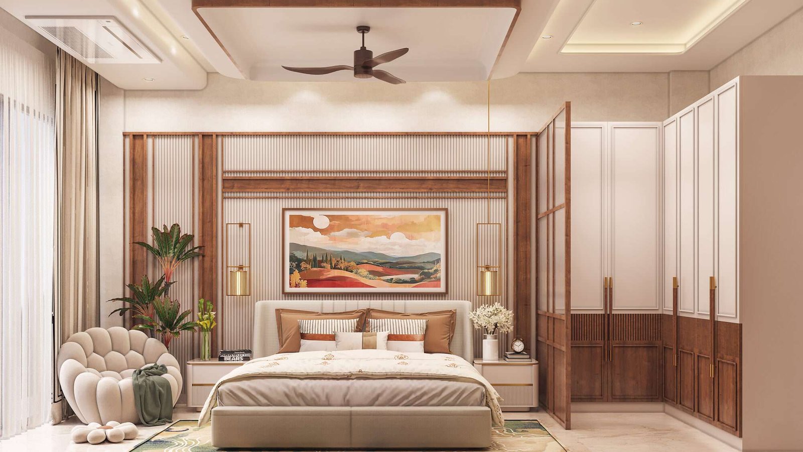 Second bedroom at Anubhuti — earthy palette, upholstered bed under a sunset landscape canvas, scalloped bubble chair in the corner