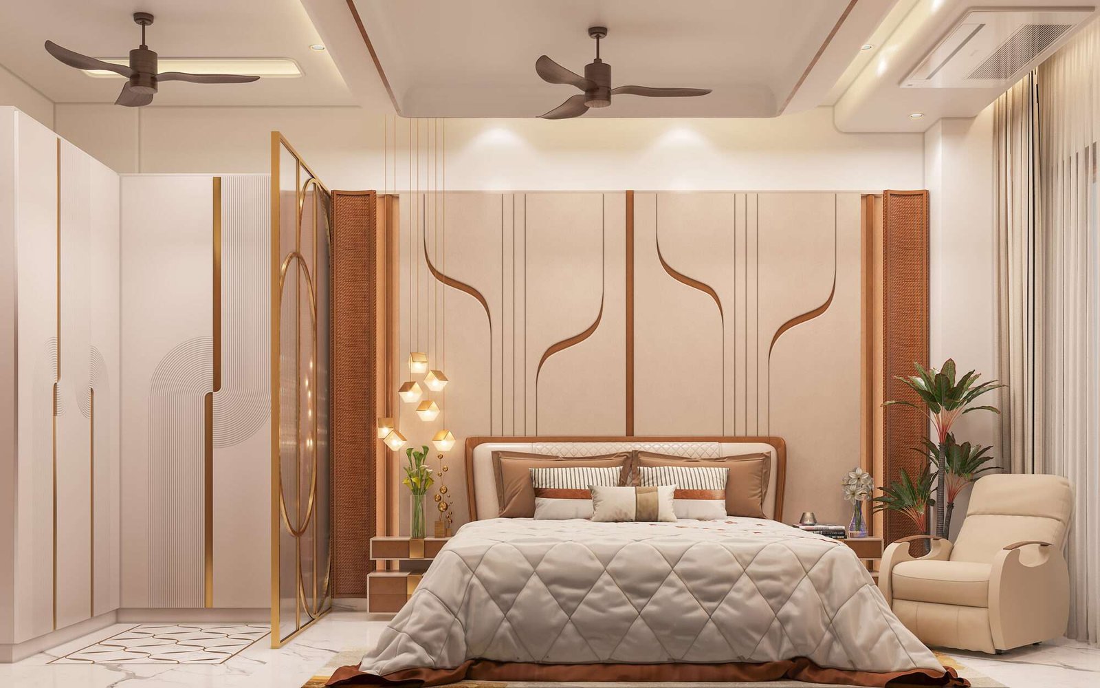 Third bedroom at Anubhuti — sculptural headboard wall with S-curve reveals in timber and brass, cane panels and a hexagonal pendant cluster