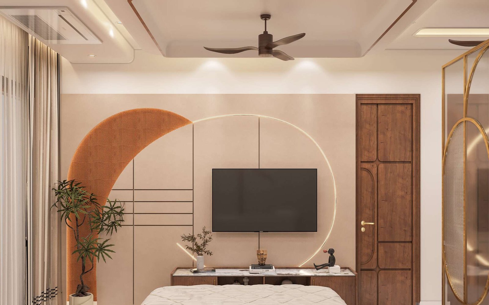 Third bedroom at Anubhuti — media wall with a terracotta cane half-arch and a circular LED ring framing the television
