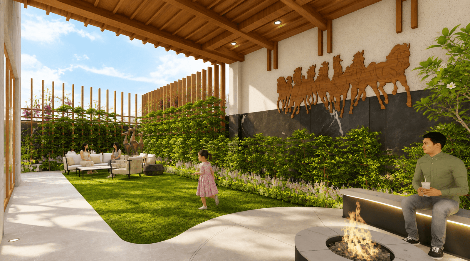Alternate view of the sunken fire pit seating.