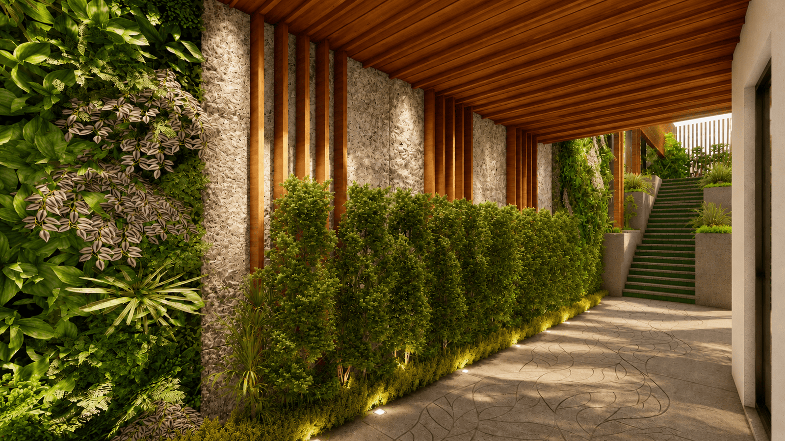 Meticulously crafted stone pathways and stairs.