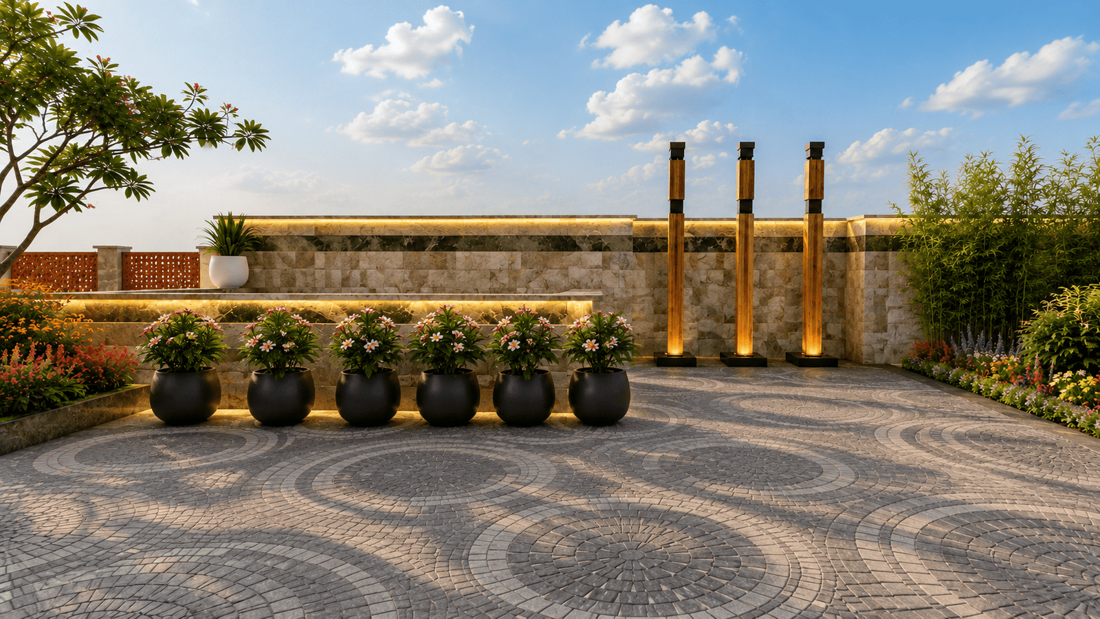 Curated plant areas buffering the walkways.