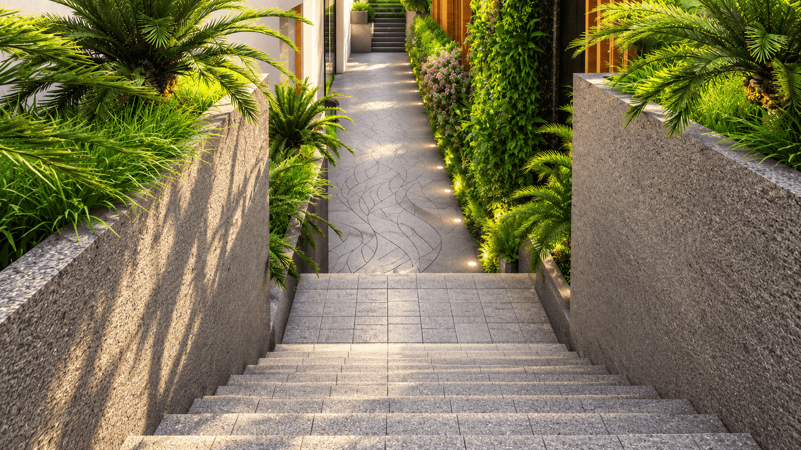 Detailed view of the landscape stairs integration.