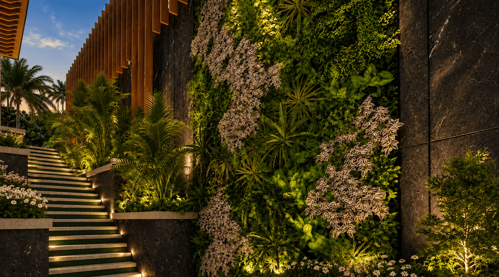 Broad architectural stairs transitioning between garden levels.