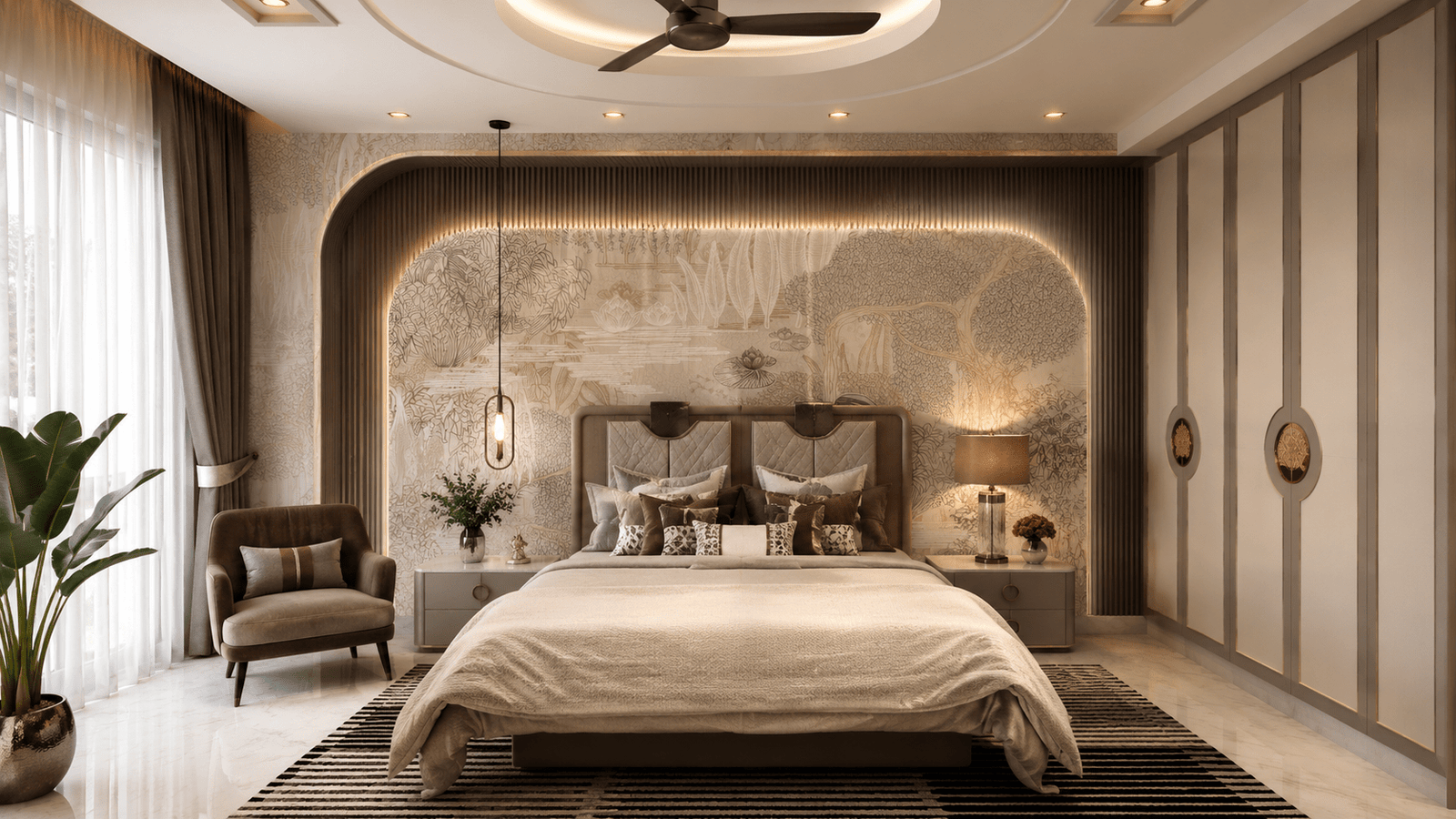 Warm, nature-inspired bedroom at Green Palm.