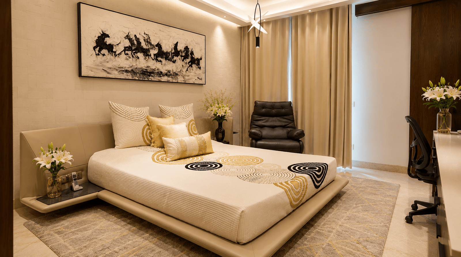 The Bedroom at Kapoor Residence — prioritizing comfort and understated luxury.