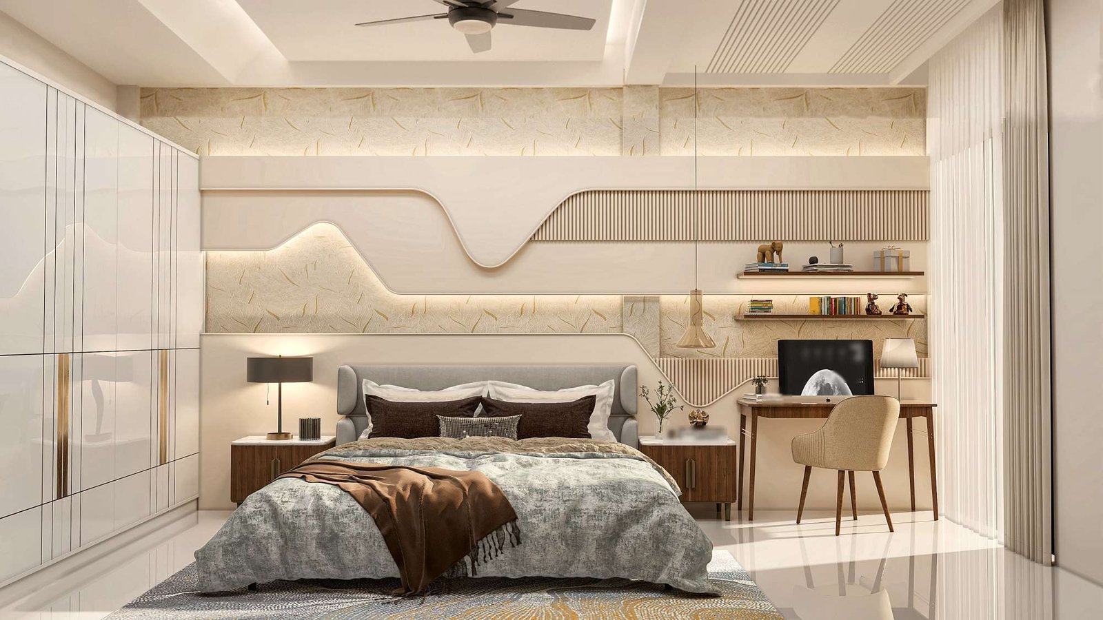 A bedroom at Kasere Residence — near-monochrome cream with a sinuous, illuminated relief headboard wall and a single chocolate accent on the bed.