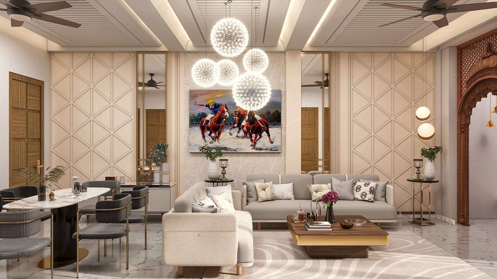 Family lounge at Kasere Residence — combined living and dining with fluted panelling, a carved timber jharokha and a globe-cluster chandelier.