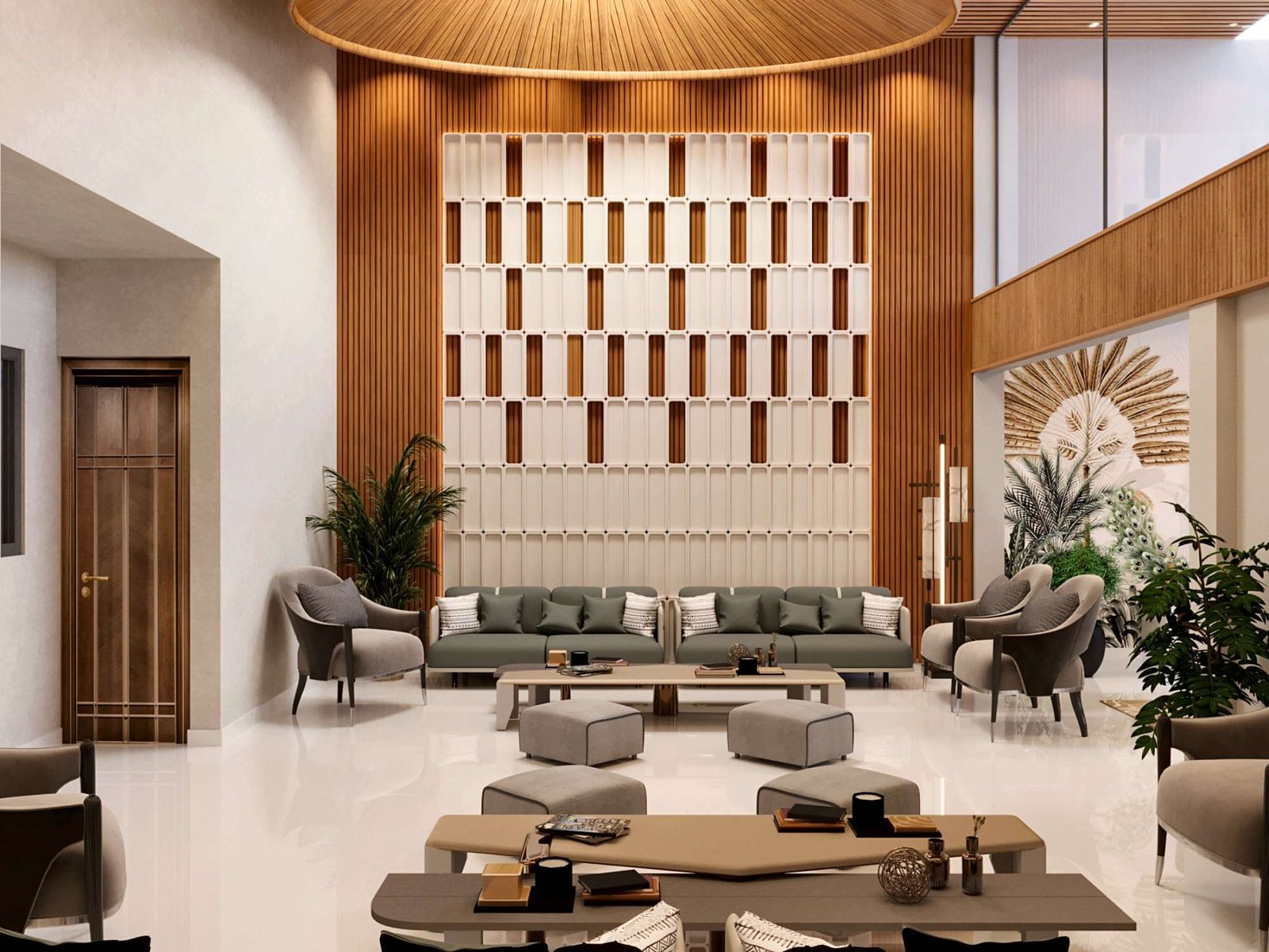 Double-height formal living and party lounge at Kasere Residence — timber-slatted walls and ceiling, sculpted relief feature wall, low sage seating on a high-gloss floor.