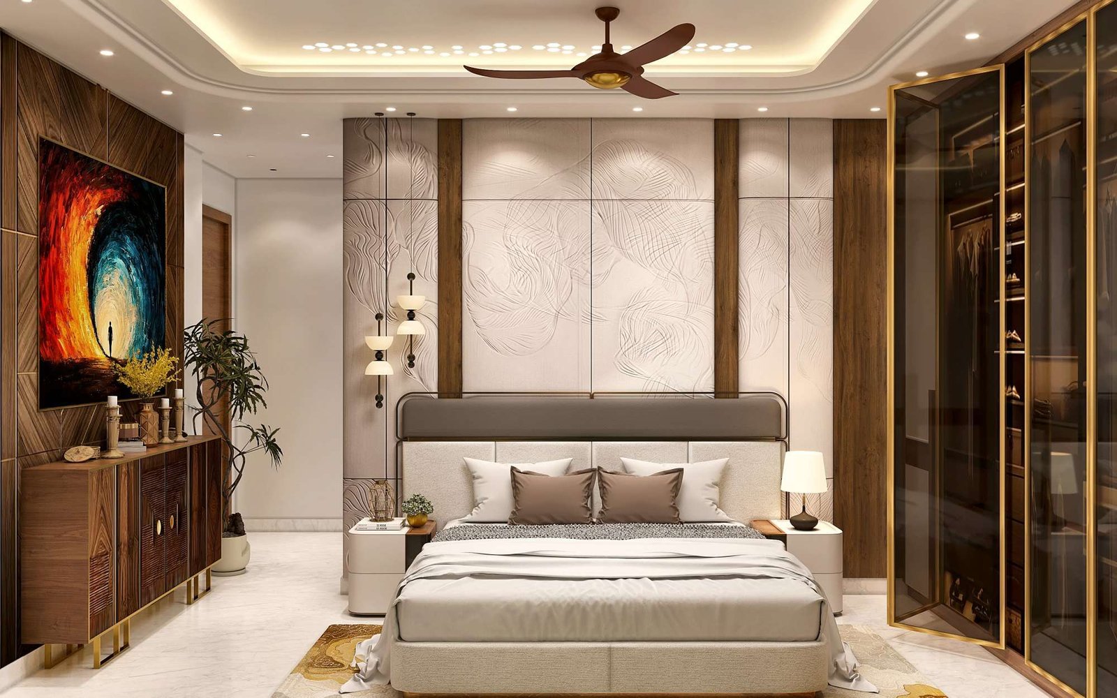 Master suite at Kasere Residence — sculpted, back-lit plaster feature wall behind an upholstered bed, walnut and gold detailing, gold-framed glass wardrobe.