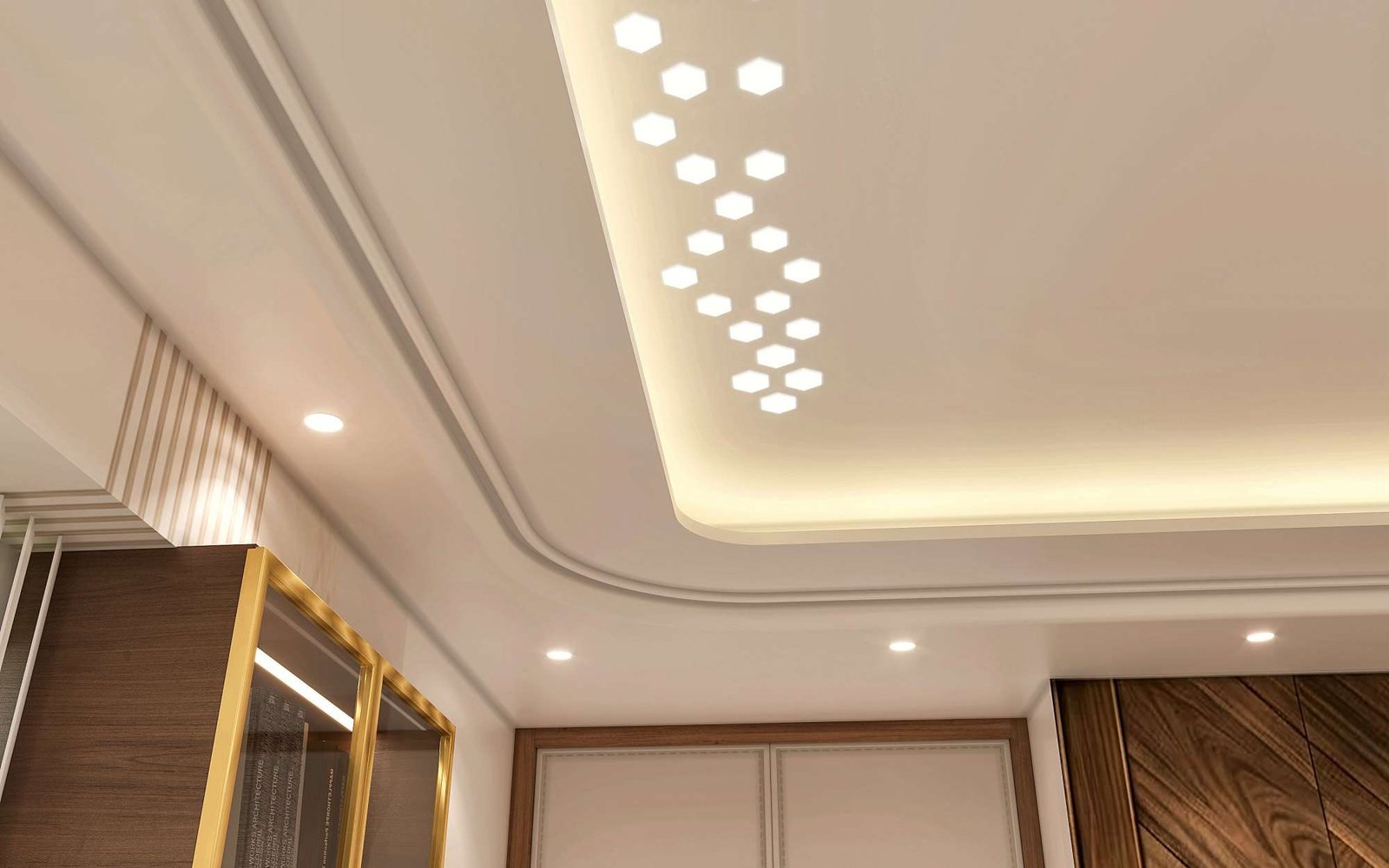 Ceiling detail in the Kasere Residence master suite — a honeycomb cluster of hexagonal recessed lights within a cove-lit false ceiling.