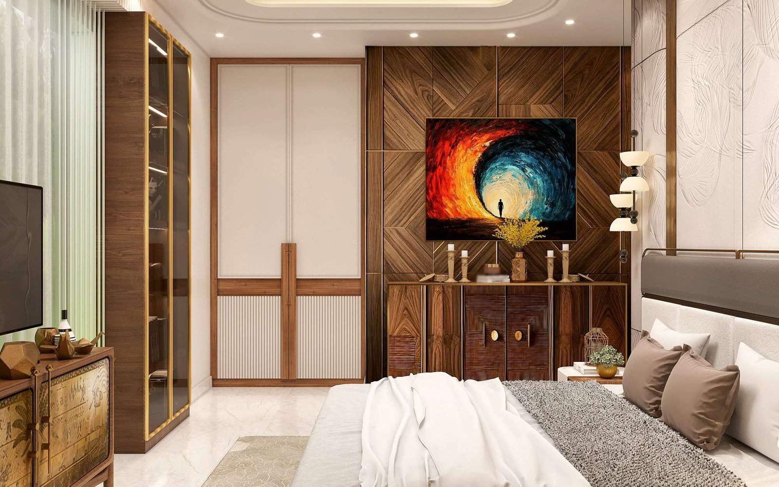 Hand-etched brass console in the Kasere Residence master suite, with a swirling vortex painting above.