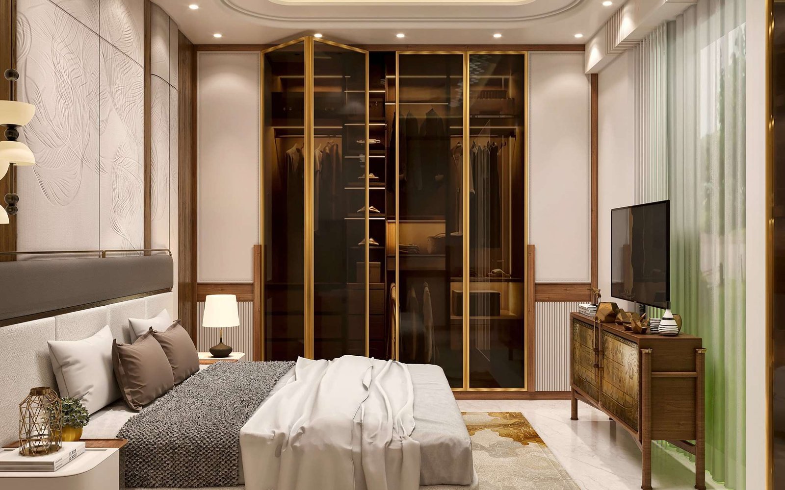Walk-in wardrobe at Kasere Residence behind bronze-tinted glass with brass framing and internal lighting.