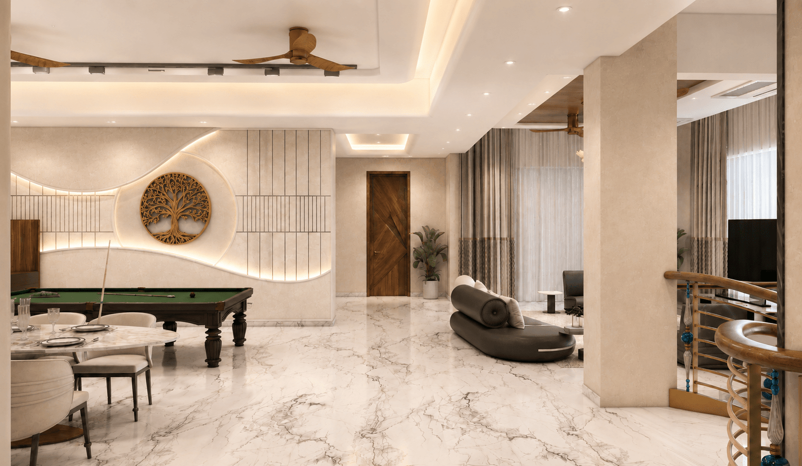 The Lounge at Goel Niwas — balancing monumental scale with intimate, livable space.