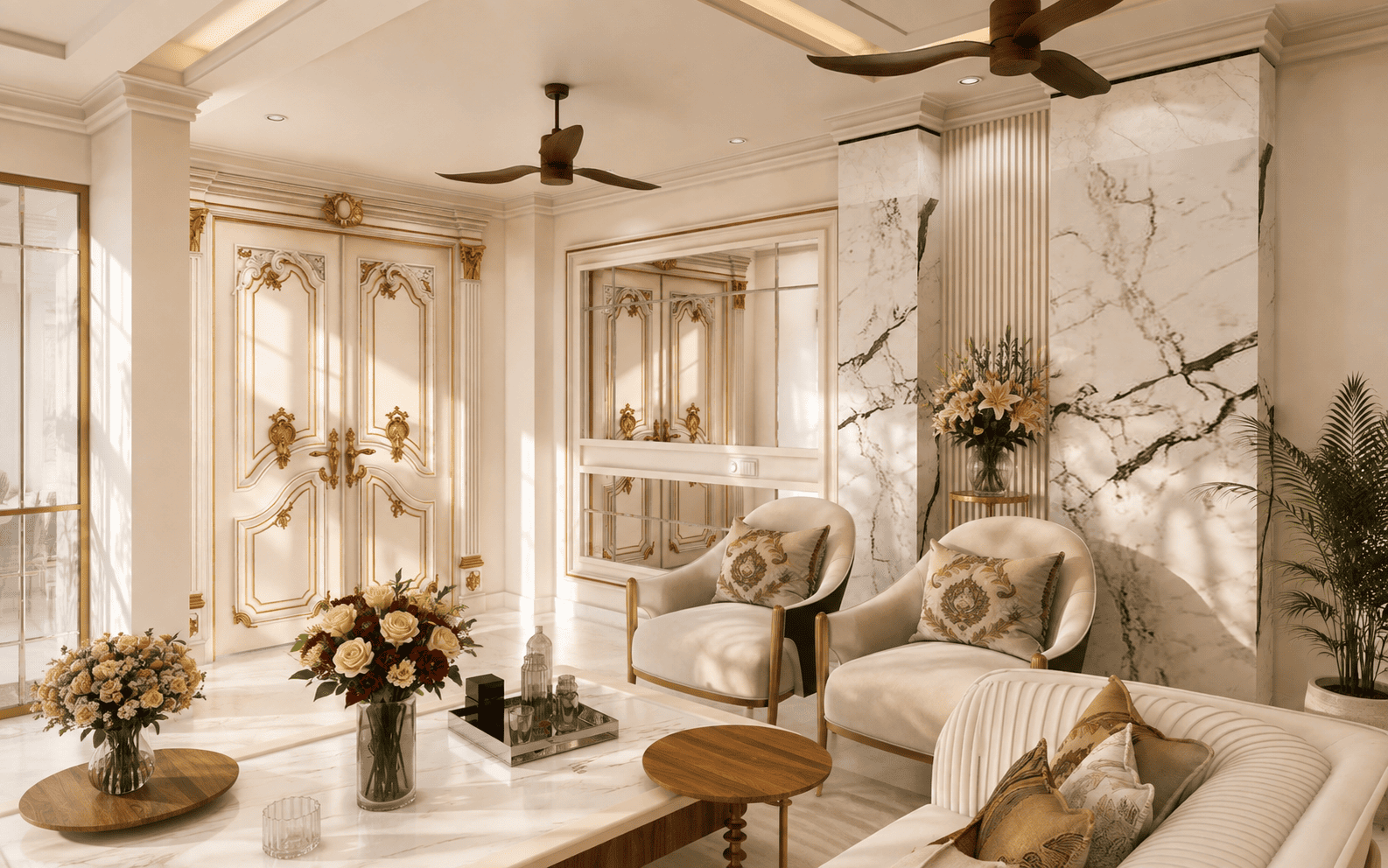 Classical seating and ornate wall moldings in the Sawney Residence.