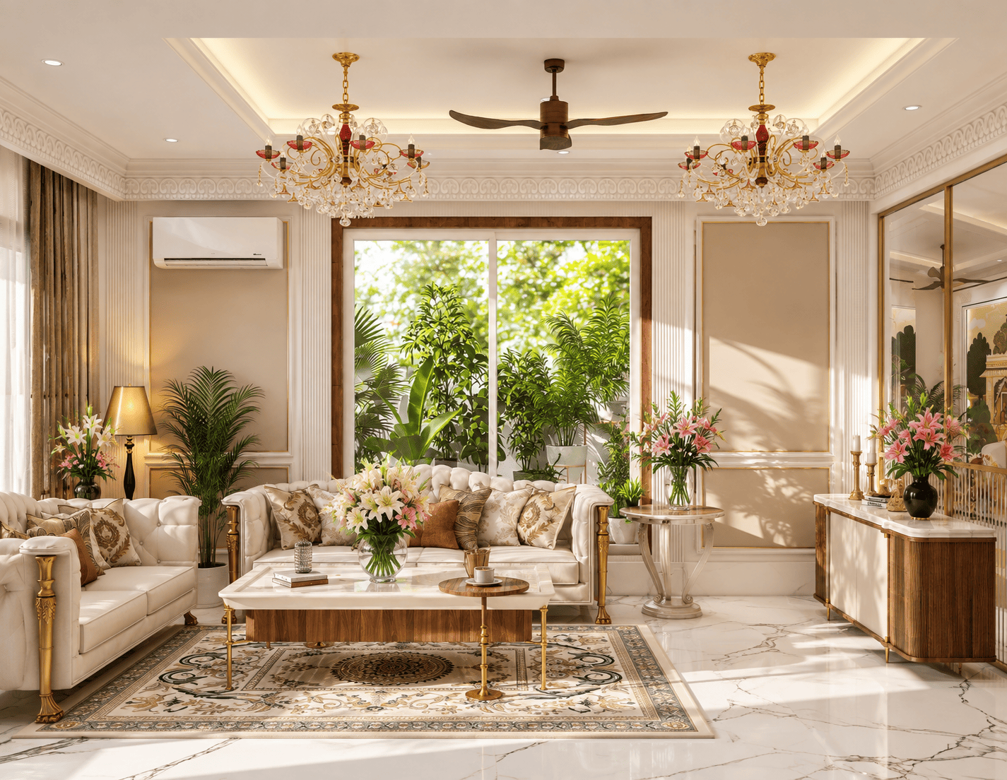Wide view of the classical lounging spaces.