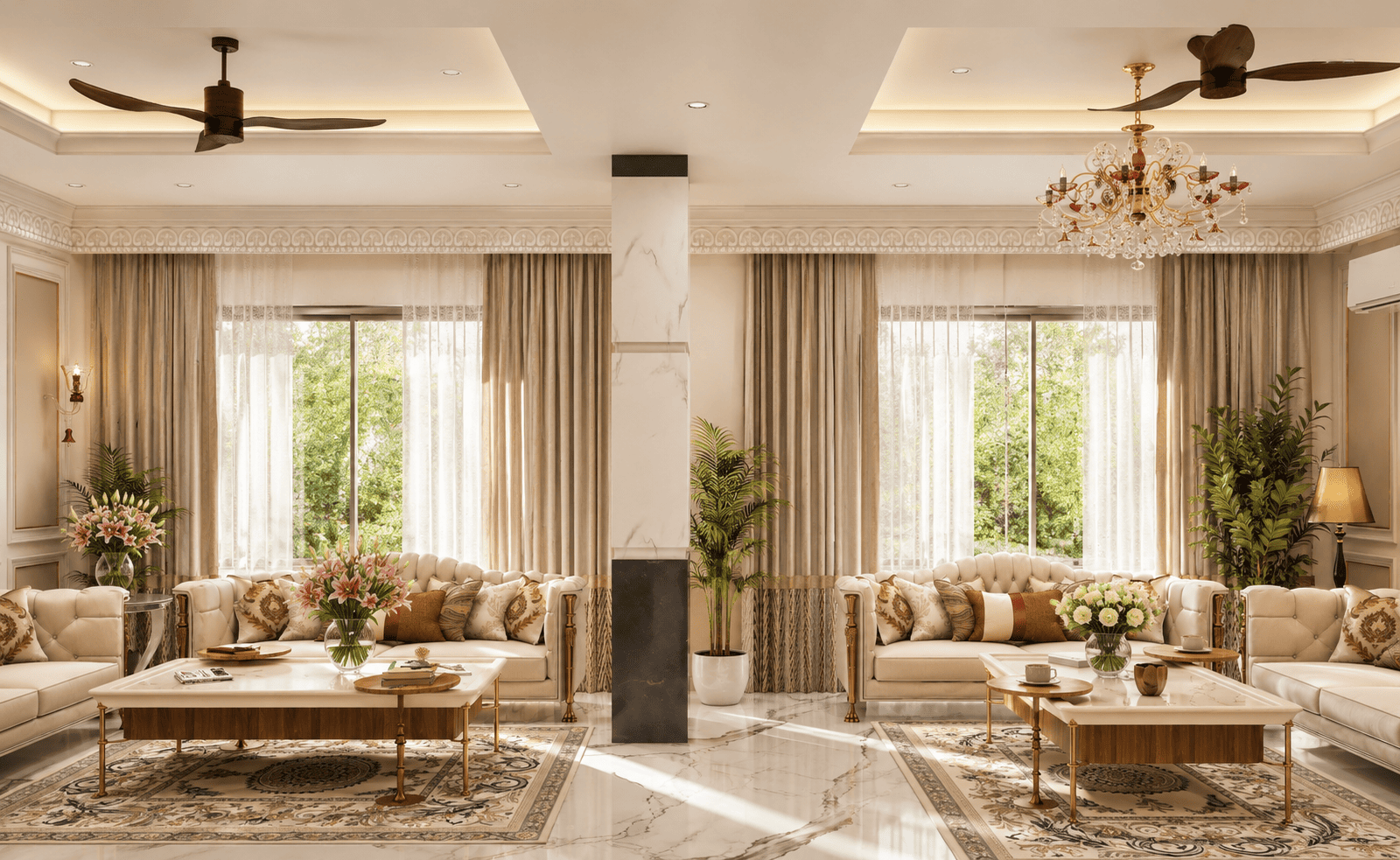 Secondary lounge area maintaining the classical aesthetic.