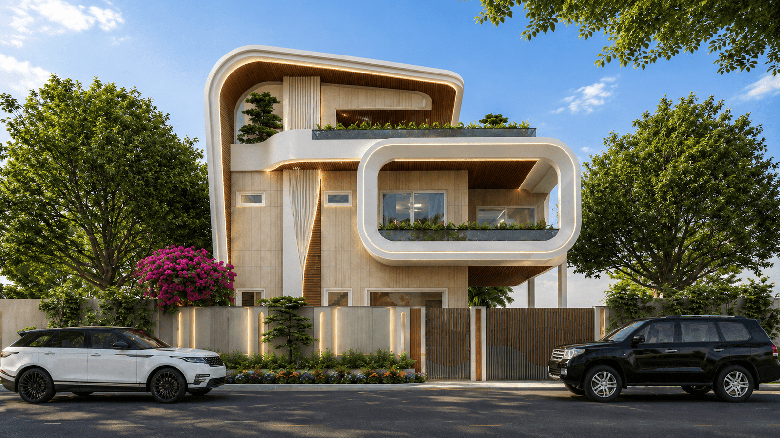 Sukh Nidhi wide street elevation — a serene 8,500 sq ft residence in Vrindavan, UP.