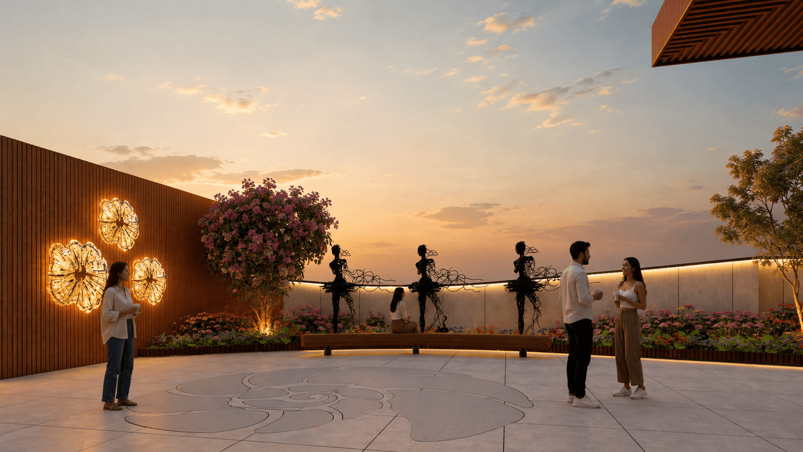 Terrace garden at dusk with silhouette sculptures along the boundary wall, Greater Kailash
