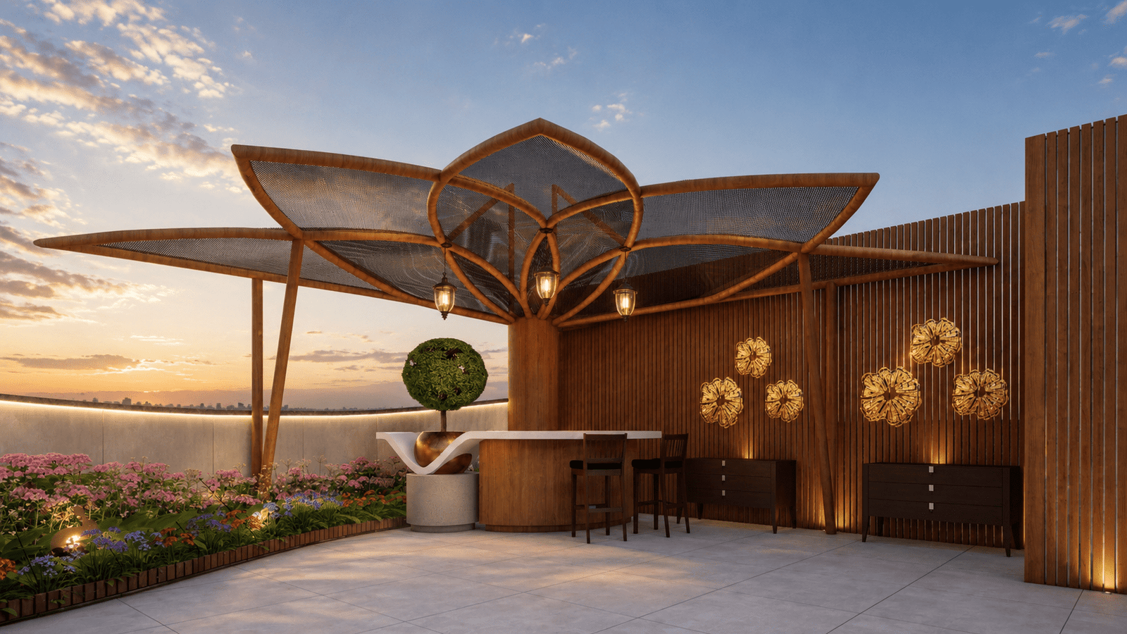 Sculptural timber pergola bar structure on the terrace, Greater Kailash