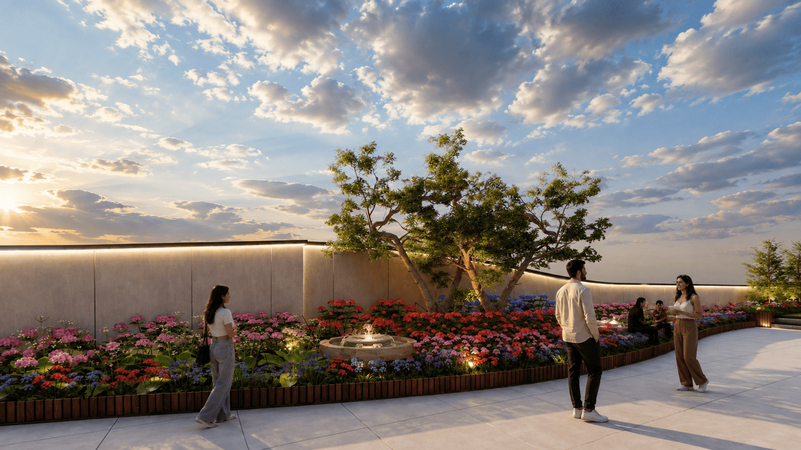 Planted terrace border beneath an open sky, Greater Kailash rooftop garden