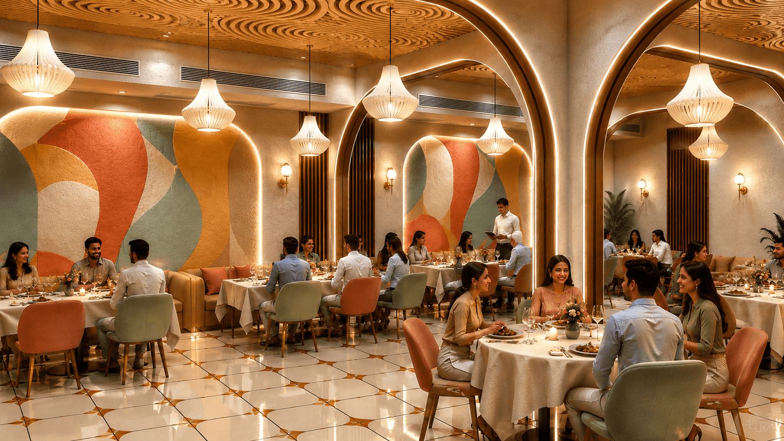 Alternative perspective of the restaurant's seating and lighting.