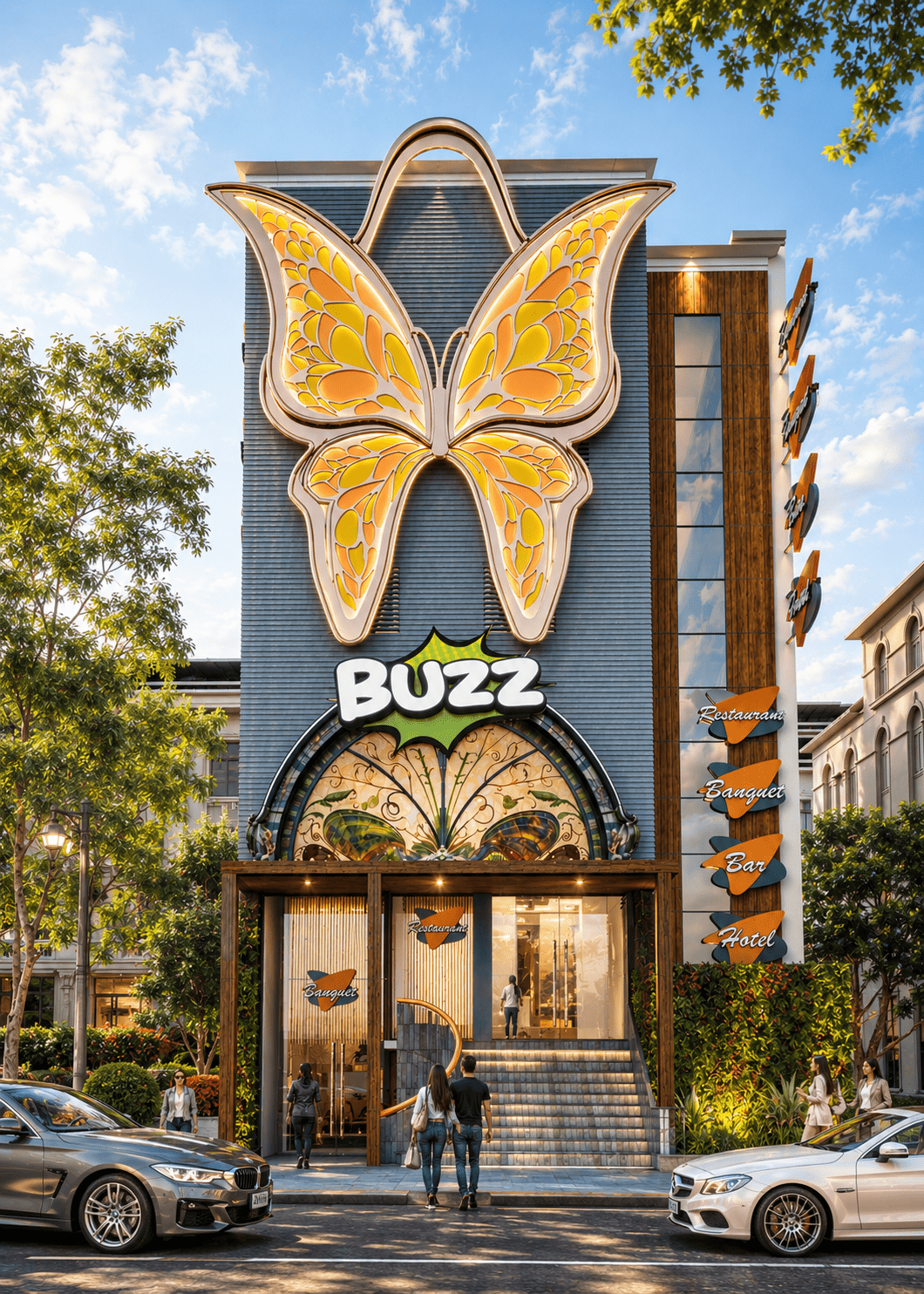 The striking butterfly-inspired elevation of Hotel Trenor.