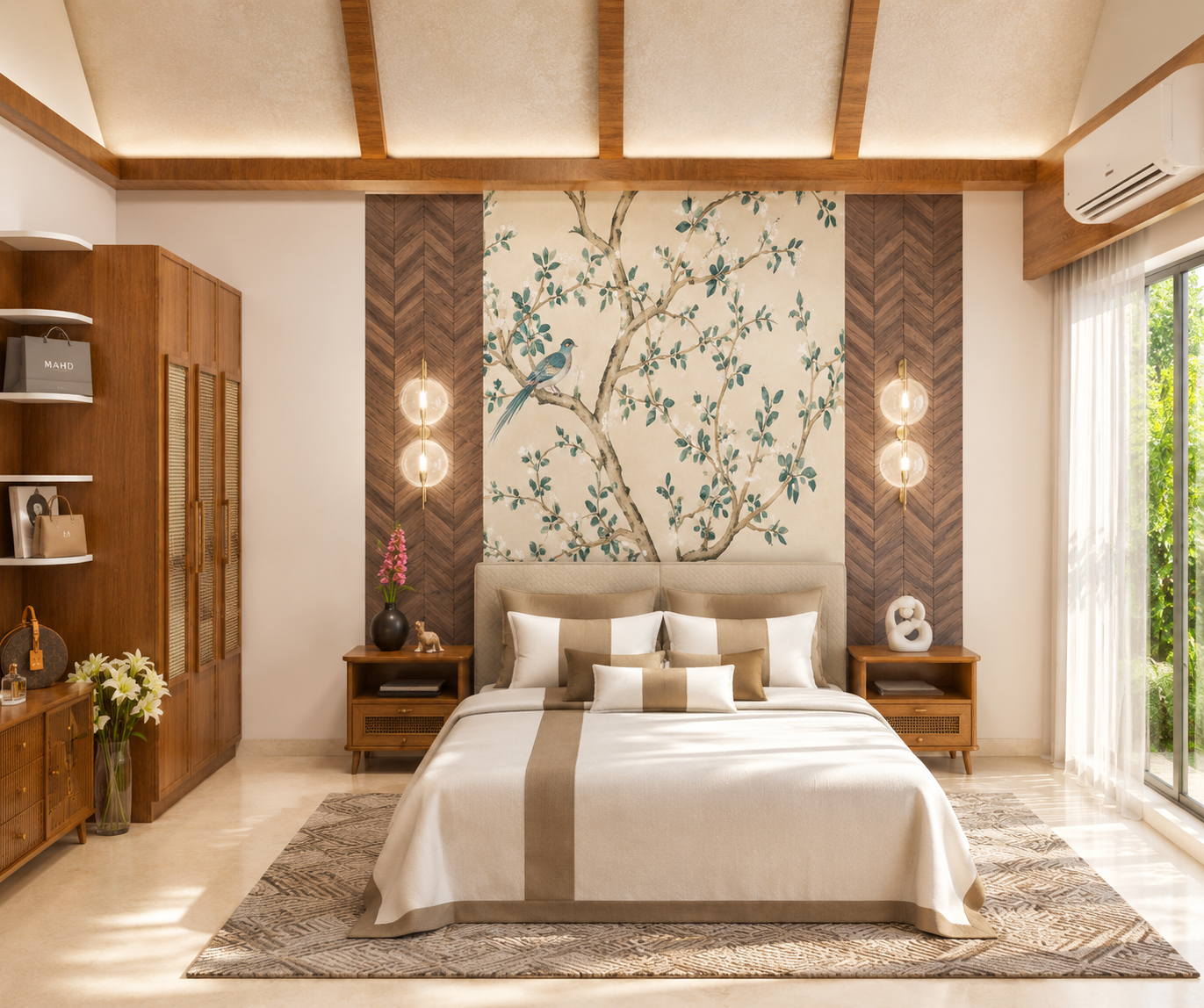 Secondary bedroom showing custom millwork and soft lighting.